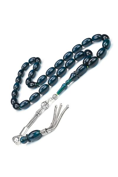 TESBİHCİBABA Petrol Blue Silver Design Crimping Amber Prayer Beads