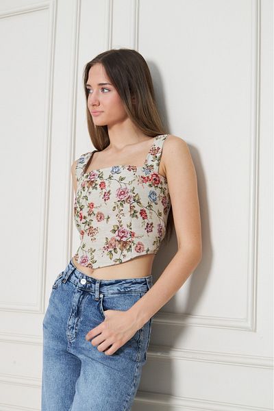 MEGOMEL Summer Textured Fabric Crop Blouse - Floral Thick Strap Corset