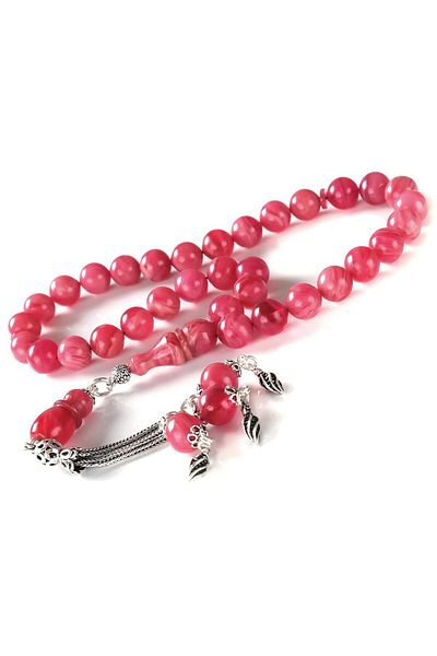 TESBİHCİBABA Silver Systemed Peony Pink Crimping Amber Prayer Beads