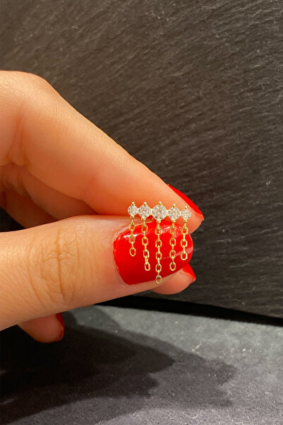 La femme by begum Mix Beş Yuvarlak Taş Ve Zincir Sallantılı Arka Top Döndürmeli Gold Gümüş Piercing helix tragus conch