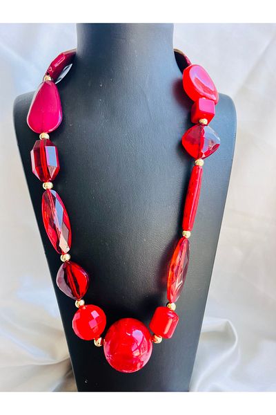 COCOSH TAKI Asymmetrical Long Multi-Design Necklace with Red Stones and Gold Details
