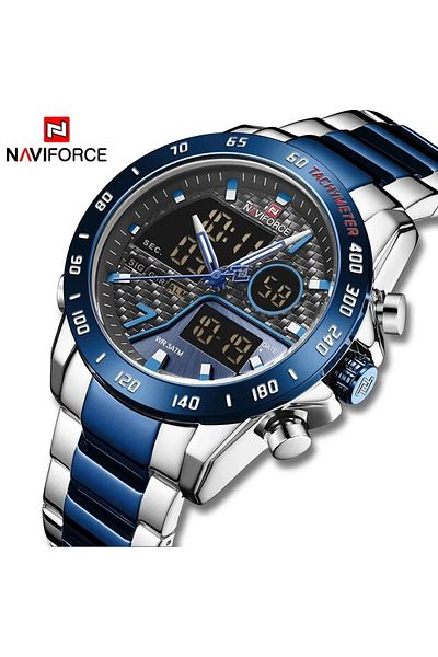 Naviforce Men's Analog-Digital Sports Watch Stainless Steel Band with Blue Accents Waterproof Chronograph