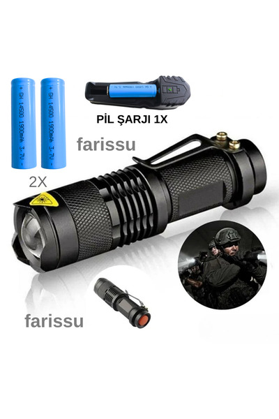 farissu Taktik Tip Zoomlu El Feneri | 2 Adet 1900 mAh Pil + Şarj Cihazı | 3 M...