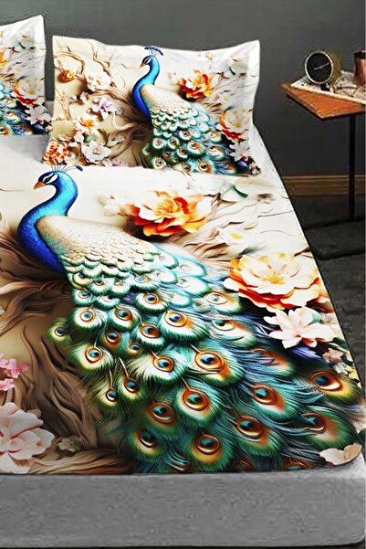 MonoHome 100% Cotton Fitted Sheet Special Design 5D Digital 60 Wire Royal Peacock