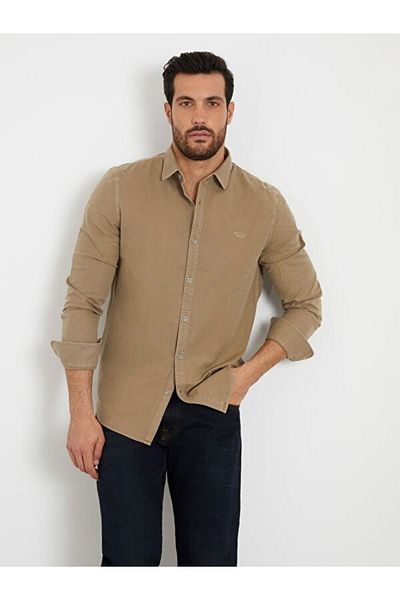 Guess Normal Beige Plain Men's Shirt LS SUNSET TEXTURED S - COTTON VISCO