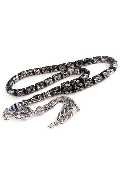 TESBİHCİBABA Dense Silver Embroidered Nakkaş İmame Erzurum Oltu Stone Prayer Beads
