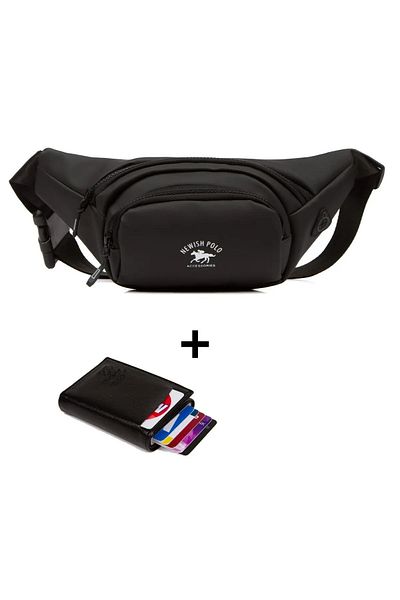 Newish Men's Black Cross Waist and Shoulder Bag and Wallet Card Holder