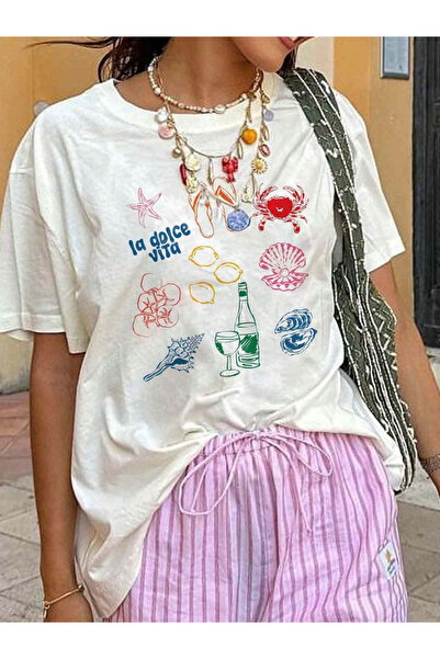 Kadın Beyaz La Dolce Vita Baskılı Yazlık Tshirt - Baskılı Oversize