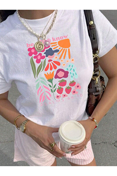 LAMASTRE Γυναικείο καλοκαιρινό μπλουζάκι με λευκό φλοράλ σχέδιο - Με στάμπα, ...