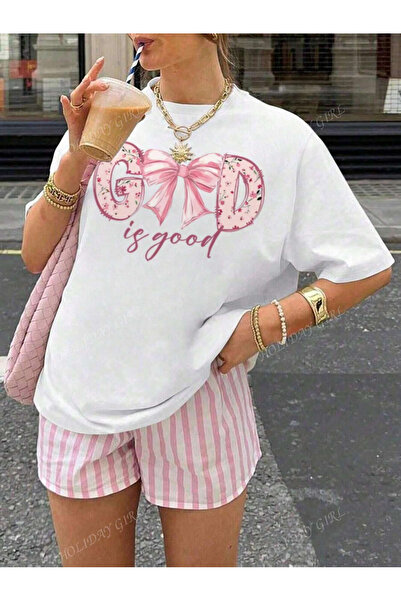 LAMASTRE Γυναικείο λευκό καλοκαιρινό μπλουζάκι με στάμπα God Is Good - Με στά...