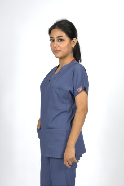 SEZA TEKSTİL Furtună Albastră Premium Flex Unisex Scrubs din Lycra Uniformă pentru Doctor și Asistentă Top Individual