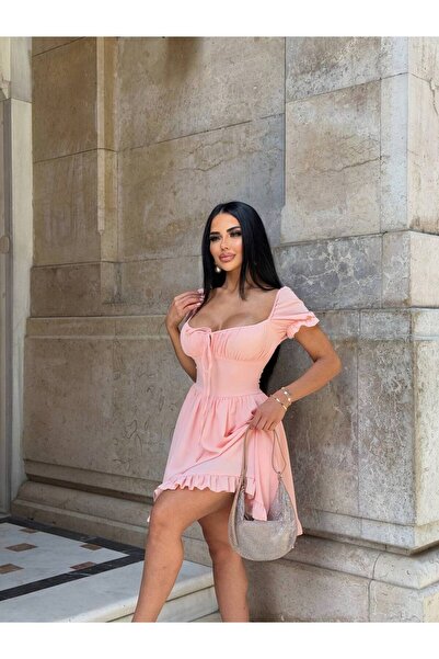 Stil Sepeti Γυναικείο μίνι φόρεμα με τσαμπί με κοντό μανίκι με λεπτομέρεια με δαντέλα με τετράγωνο γιακά σομόν ELY-1000954120