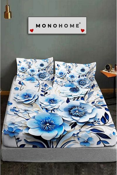 MonoHome 100% Cotton Fitted Sheet Special Design 5D Digital 60 Wire Blue