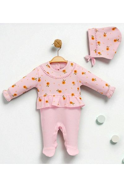 Necix's Floral Print Baby Romper and Hat Set - Baby Girl Long Sleeve Cotton