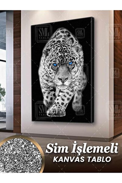 SML TABLO Sim İşlemeli Mavi Gözlü Leopar Vahşi Hayvan Doğa Simli Dikey Kanvas...
