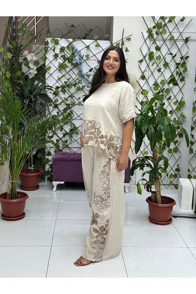 Punta Otantik Nc61253 Italian Floral Printed Linen Suit Cream