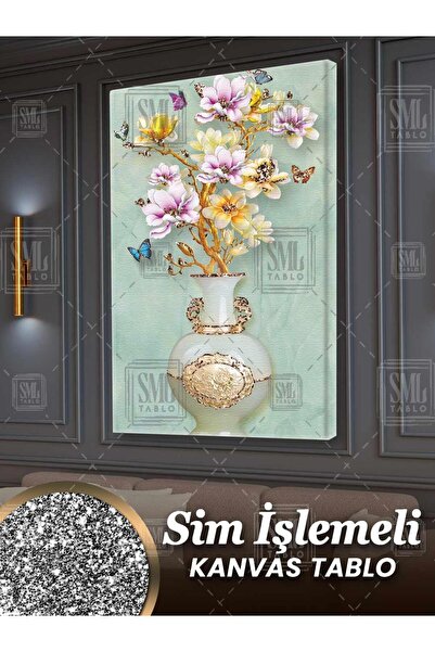 SML TABLO Sim İşlemeli Mermer Üzerinde Altın Vazo İçinde Çiçekler Dekor Simli...