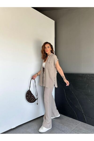 EGZOTİK ASORTİK Short Sleeve Shirt Pants Set with Snap Detail on the Sides