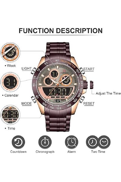 Naviforce Sport Analog-Digital Wrist Watch for Men with Stainless Steel Strap Water Resistant Multi-Function
