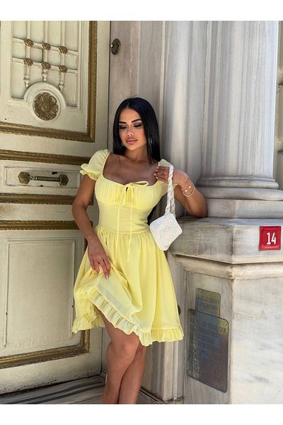 Stil Sepeti Women's Yellow Square Neck Lace Detail Short Sleeve Skirt Ruffle Mini Dress Ely-1000954120