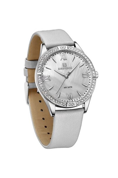 Naviforce Women's Elegant Silver Watch with Crystal Bezel White Mother of Pearl Dial and Leather Strap