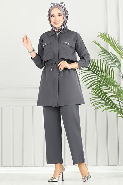 ModaMerve Hijab Suit with Pockets 23101Ukb929-M Anthracite
