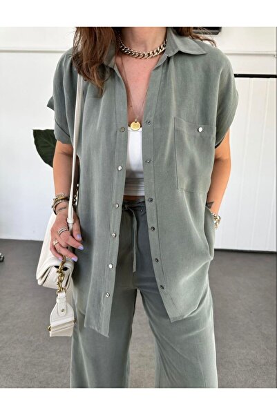 EGZOTİK ASORTİK Short Sleeve Shirt Pants Set with Snap Detail on the Sides