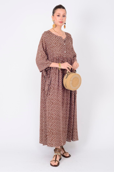 Hazinedan Bohemian Women's Crispy Floral Pattern Loose Fit Mother's Authentic Brown Dress