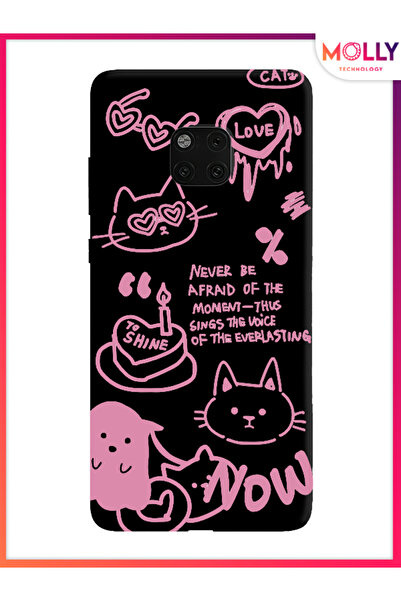 Molly Huawei Mate 20 Pro İçin Siyah Meow Diary Desenli Silikon Kılıf