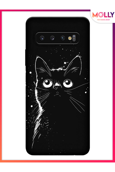 Molly Samsung Galaxy S10 Plus İçin Siyah Noir Meow Desenli Silikon Kılıf