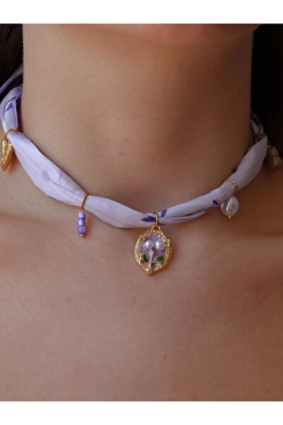Reorah Collection Mor Çiçekli Fular Çelik Charm Kolye