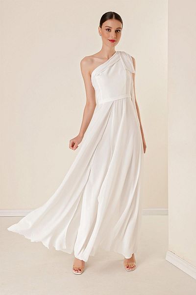 By Saygı Women's Pulpayet Collar One Shoulder Top Chiffon Crepe Jumpsuit