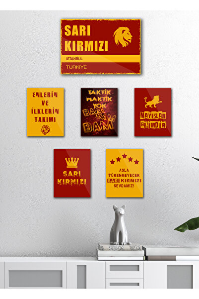 TABLOX 6 Parça "gǎlațasaray" Sarı Kırmızı Taraftar Şampiyon Aslan Futbol Dekoratif MDF Tablo Sokak Tabelası