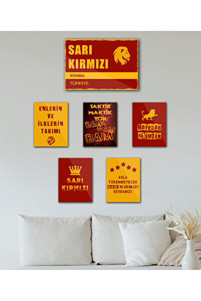 TABLOX 6 Parça "gǎlațasaray" Sarı Kırmızı Taraftar Şampiyon Aslan Futbol Dekoratif MDF Tablo Sokak Tabelası