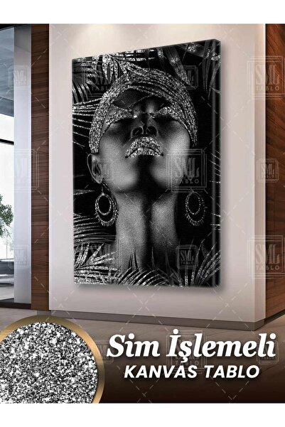 SML TABLO Sim İşlemeli Ağaçlar İçinde Gözleri Kapalı Afrikalı Kadın Makyaj Takı Simli Dikey Kanvas Tablo
