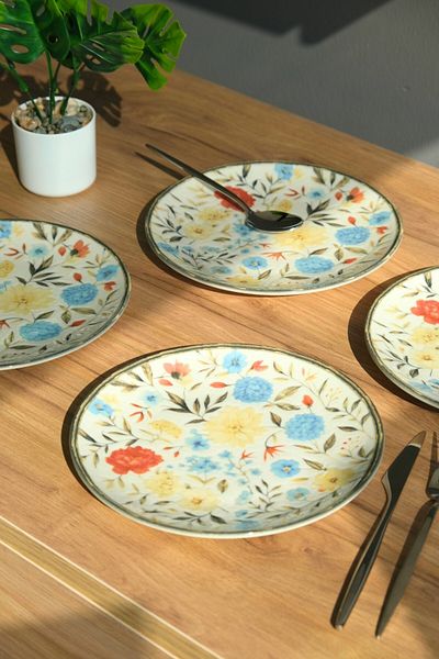 tabakevi Plate House Porcelain Fiori Canvas Pie Plate 20cm 4 People 4 Pieces Tvl4Ptprs1212