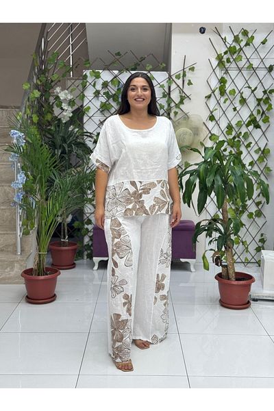 Punta Otantik Nc61253 Italian Floral Printed Linen Suit White