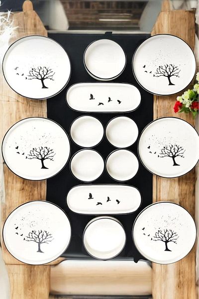 Sezka Life Juniper Tree 14 Piece Ceramic Breakfast Set 6-Person Breakfast Set Luxury Ceramic