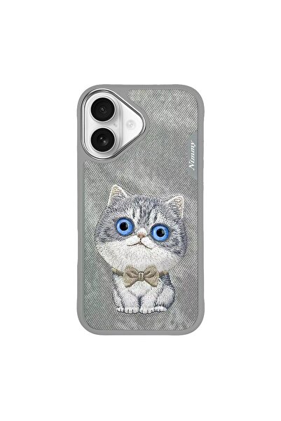 Nimmy iPhone 16 Uyumlu 3D Göz Kedi Detaylı Gerçek Nakış İşlemeli Kabartmalı N...