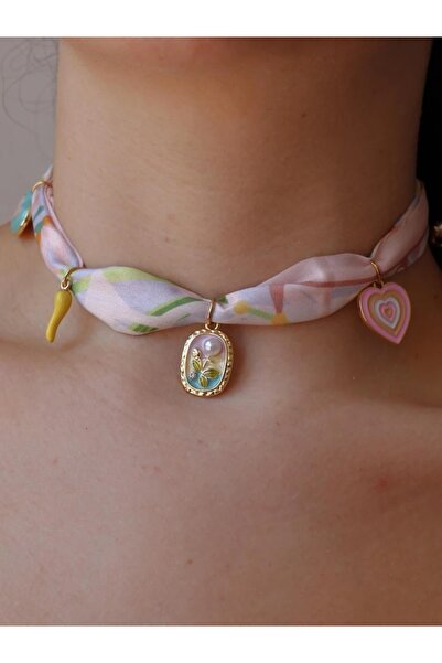 Reorah Collection Pembe Çiçekli Fular Çelik Charm Kolye