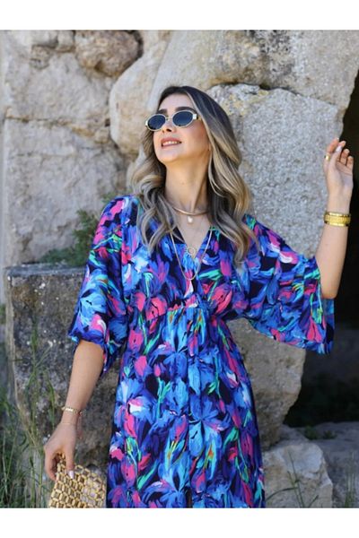 DENİZLİFE Bat Sleeve Waist Elastic Slit Detail Dress