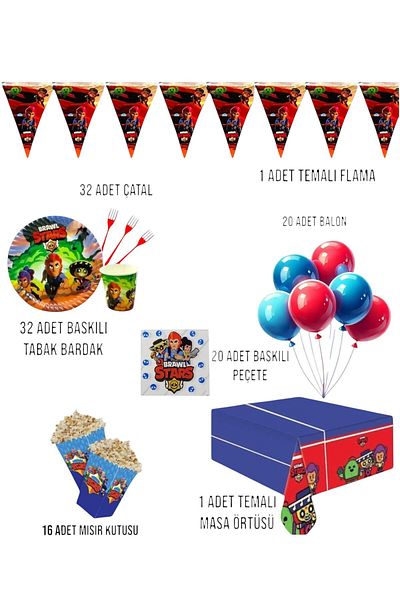 Evabrite Brawl Stars Birthday Party Set - Boy's Birthday Ornaments for 32 People