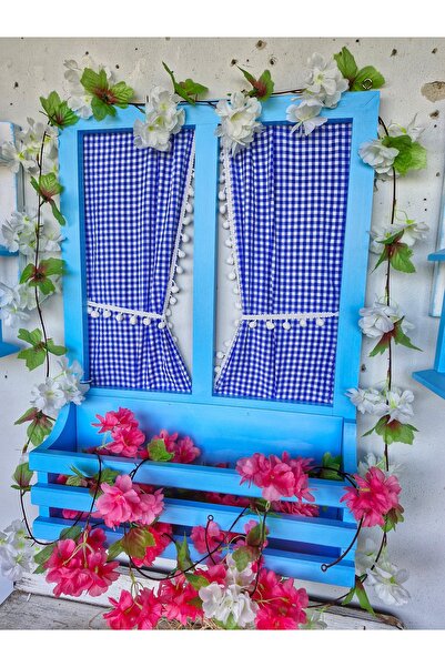 Home Açık mavi,el boyaması, 50×70 perdeli ahşap pencere dekoru,çiçekler hariçtir