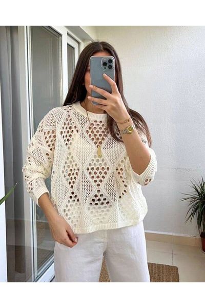 POİNE Ecru Perforated Diamond Pattern Stylish Knitwear Blouse Sweater