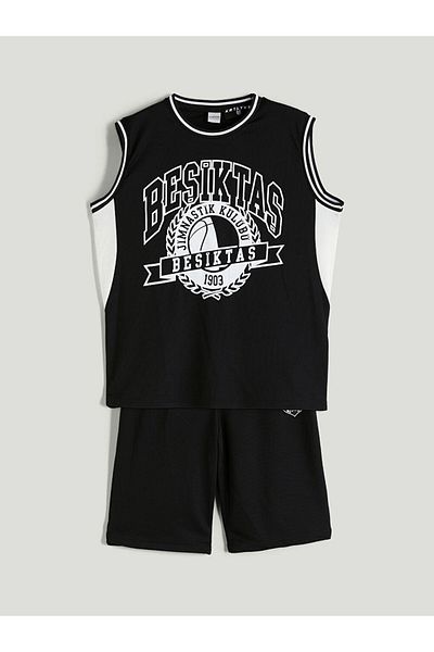 LC Waikiki Black Crew Neck Printed Boys' Singlet and Shorts