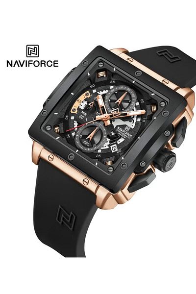 Naviforce Men Square Dial Chronograph Watch with Black and Gold Case, Silicone Strap