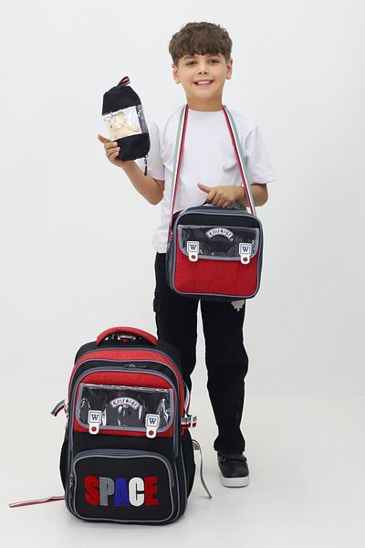 Probag Set de 3 genți Space Written Rucsac Cutie de prânz Suport stilou Jucărie de pluș pentru școala primară