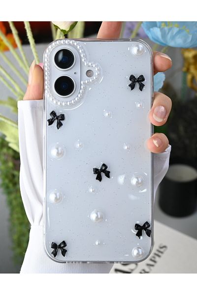 Go Aksesuar حافظة سيليكون بتصميم كاميرا لؤلؤية ثلاثية الأبعاد متوافقة مع هاتف iPhone 16 مع لعبة