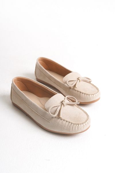 Ayakkabı Delisiyim Women's Babet Beige Suede Bow Accessory Greenhouse Comfortable Orthopedic Sole Lightweight Casual Shoes