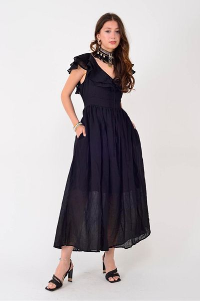 Hazinedan Flora Firfir Detailed Raw Fabric Shoulder Detail Dress